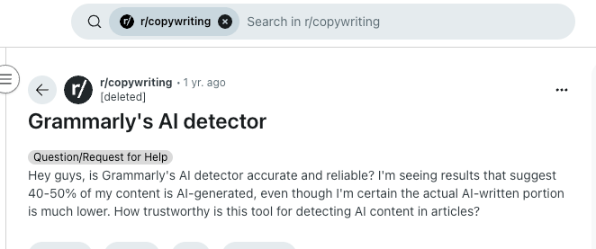 Reddit user says Grammarly AI inaccurate
