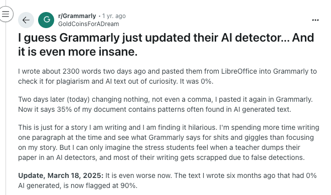 Reddit user calls Grammarly AI insane