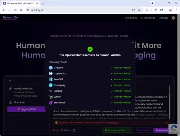 Rewritify AI-Detektor prüft von EssayDone humanisierten Text als menschlich
