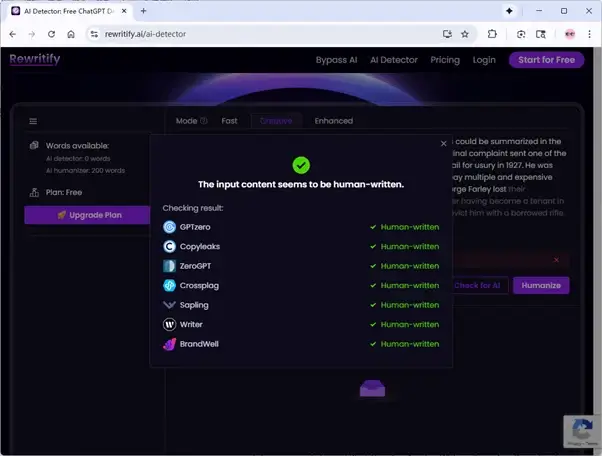 Rewritify AI-Detektor überprüft gemischten AI- und menschlichen Text