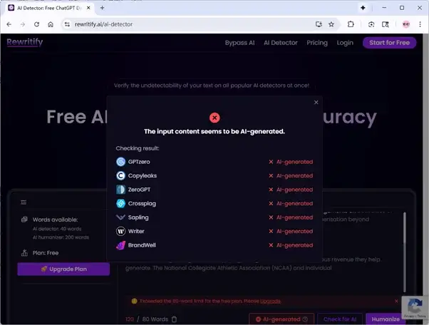 Rewritify AI-Detektor überprüft Ergebnisse von reinem AI-Text