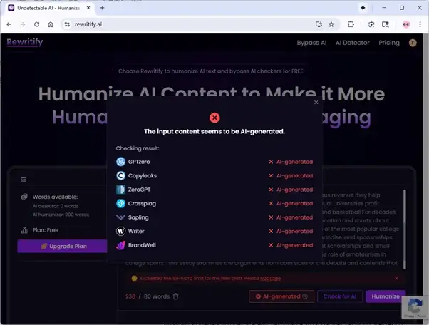 Rewritify AI-Detektor überprüft von QuillBot humanisierten Text