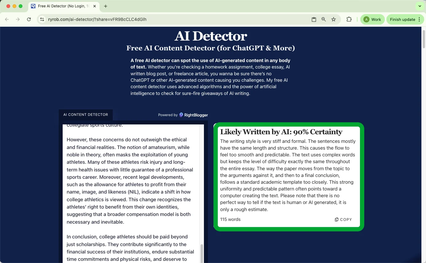 RyRob AI-Detektor überprüft Ergebnisse von reinem KI-Text RyRob AI-Detektor überprüft Ergebnisse von reinem KI-Text