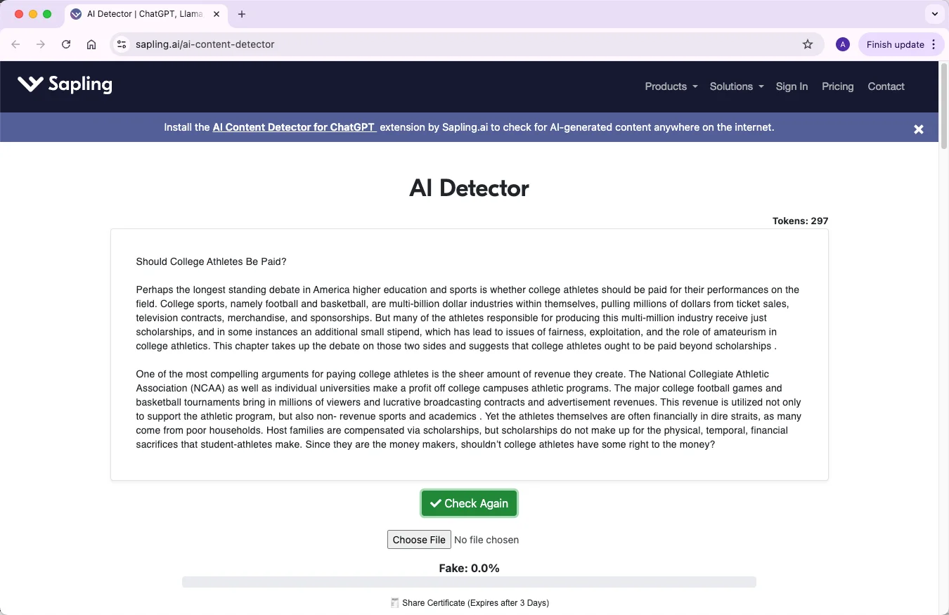 Sapling check EssayDone humanized text 0% AI