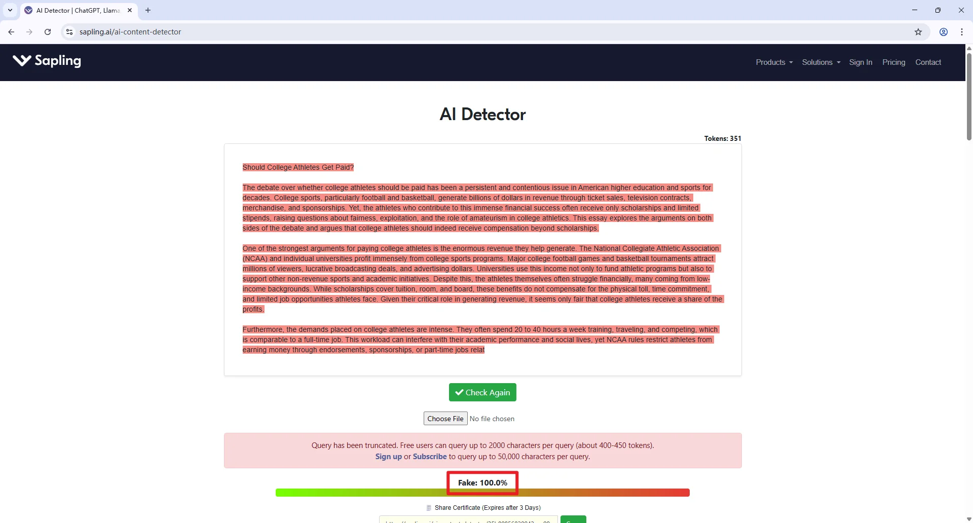 Sapling checks pure AI text results
