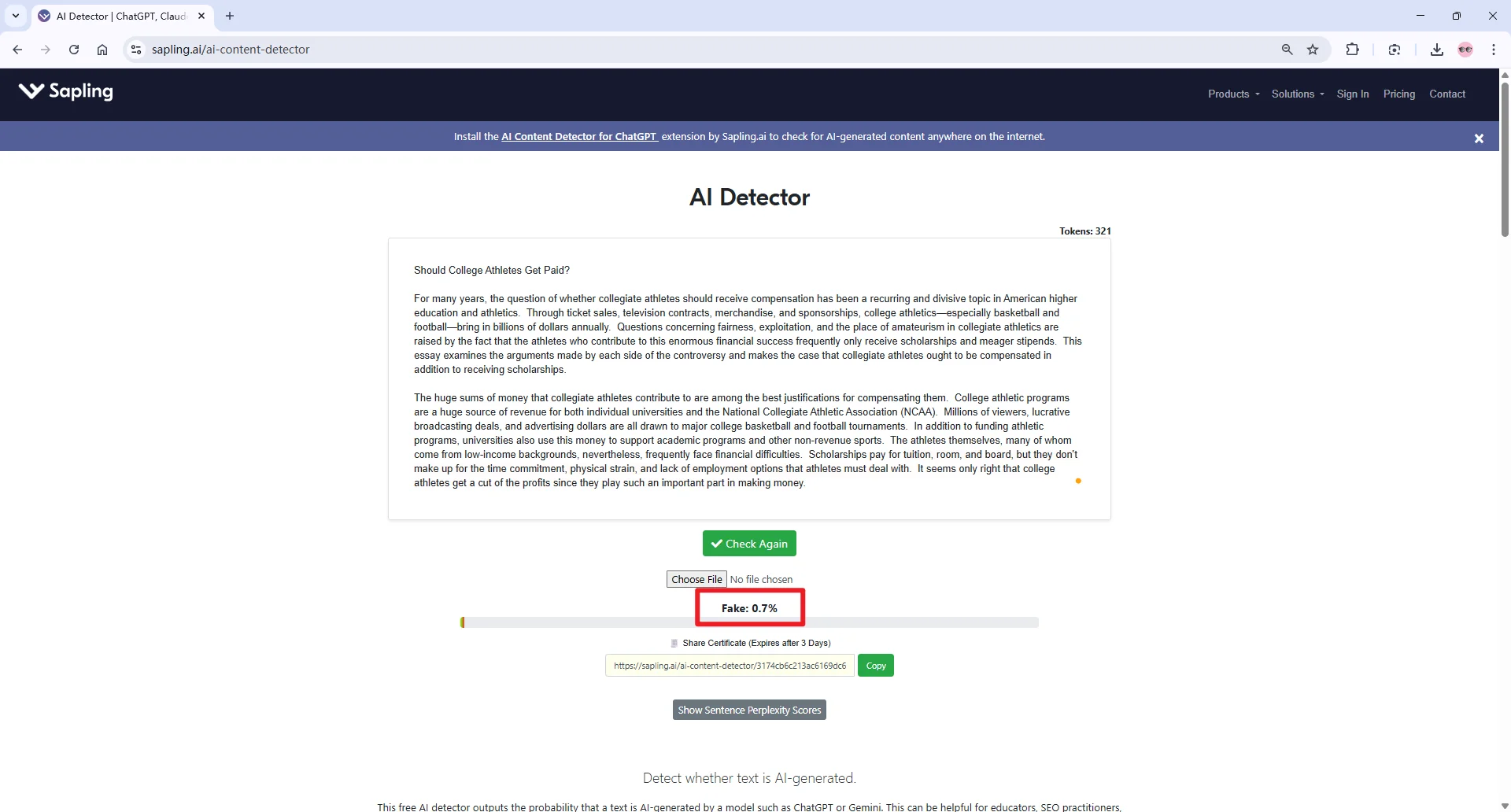 Sapling checks QuillBot humanized text