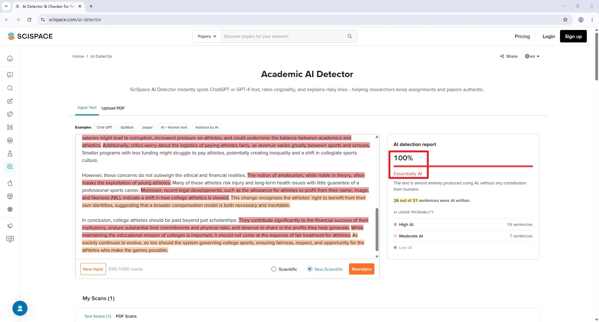 SciSpace checks pure AI text results