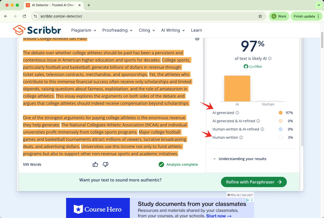 Scribbr AI detector checks pure AI text results