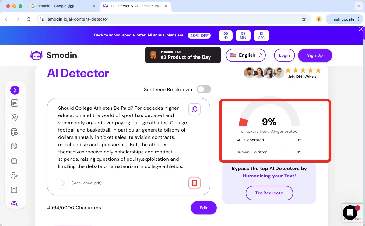 Smodin AI detector check essaydone humanized text 9% AI