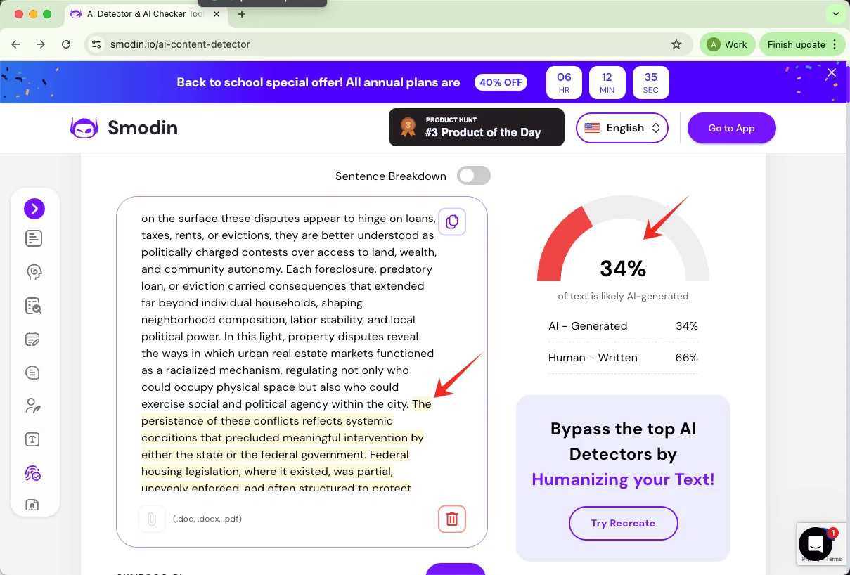 Smodin AI detector checks mixed AI and human writing results
