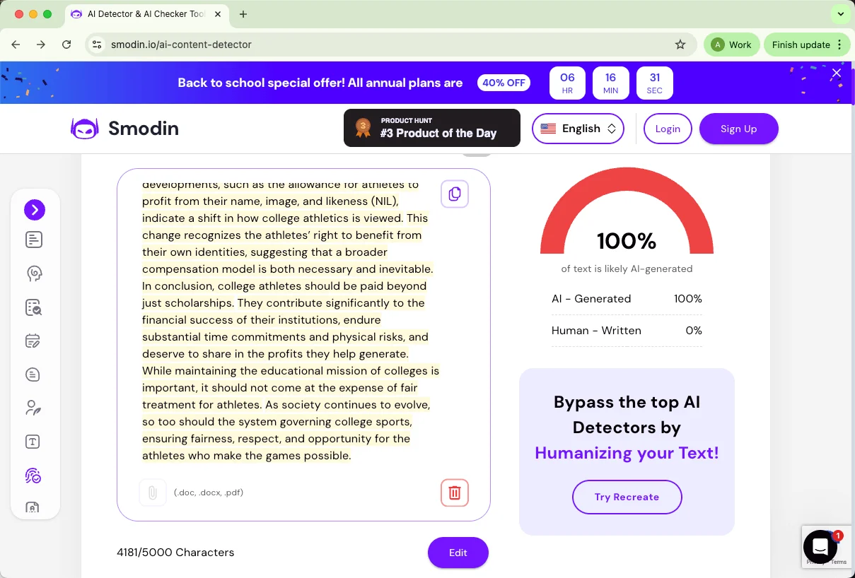 Smodin AI detector checks pure AI text results