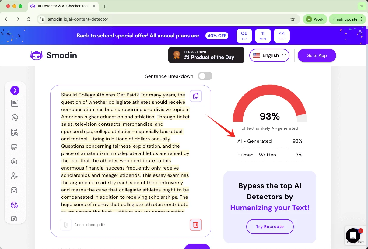 Smodin AI detector checks quillbot humanized text results