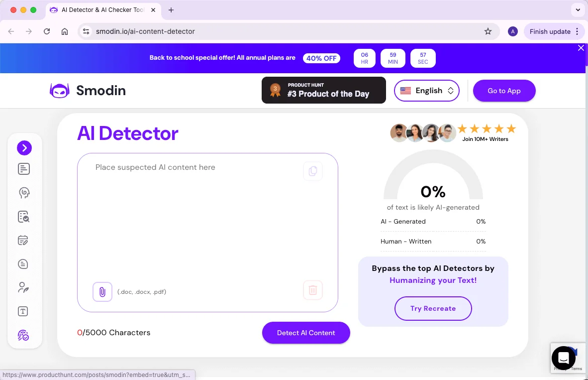 Smodin AI detector homepage