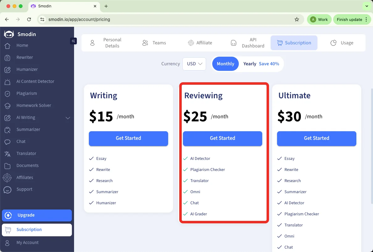 Smodin AI detector pricing
