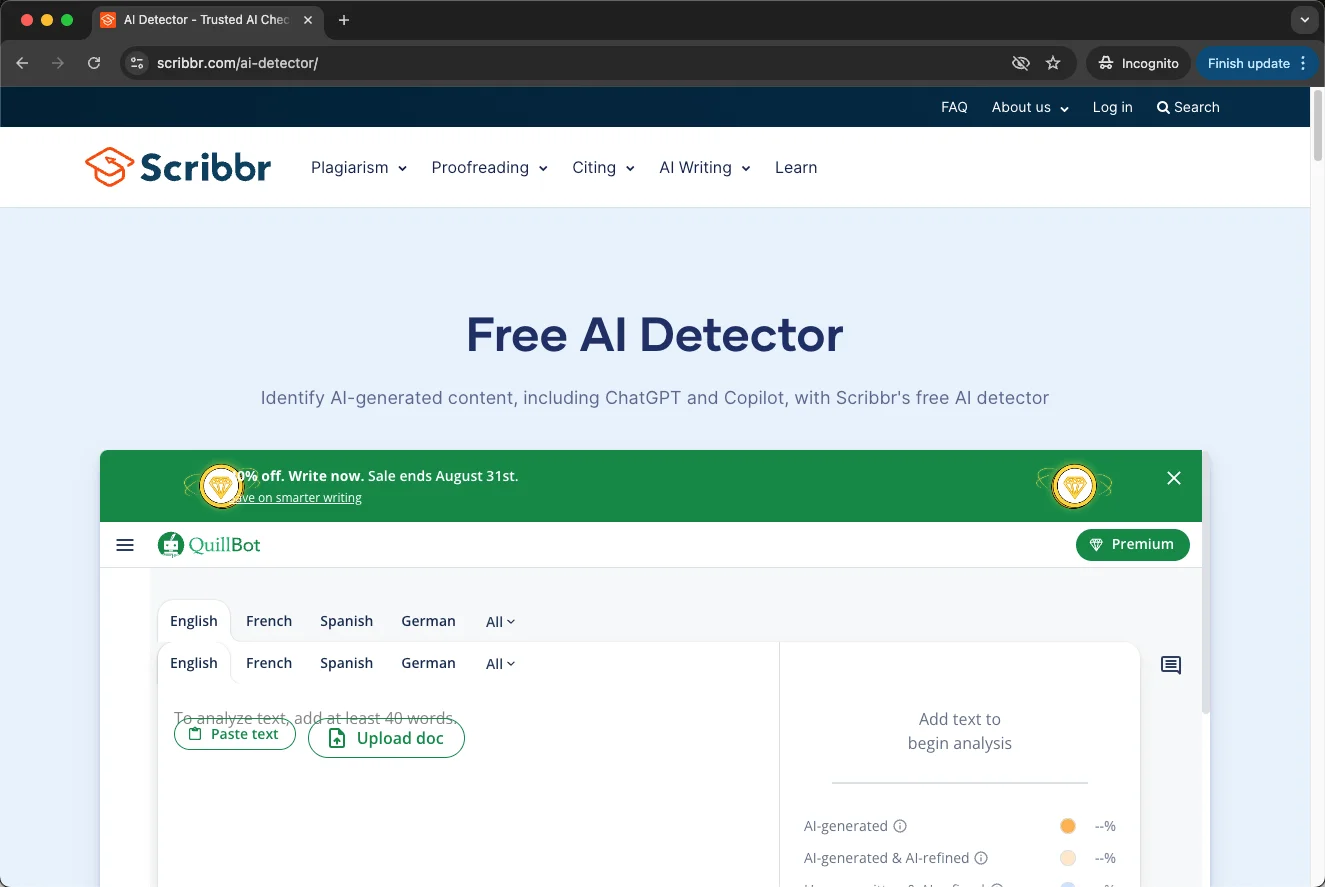 Sribbr AI detector homepage