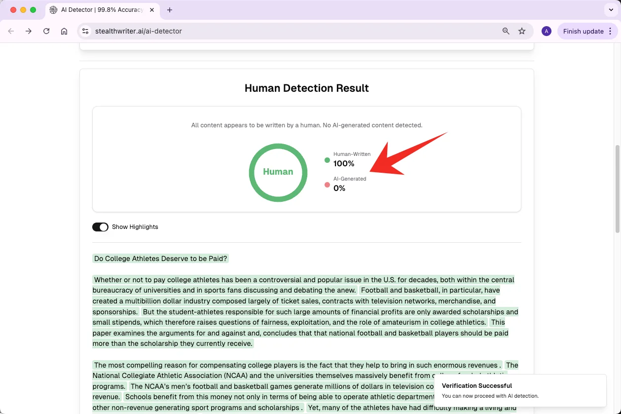 Stealthwriter AI detector check EssayDone humanized text 0% AI