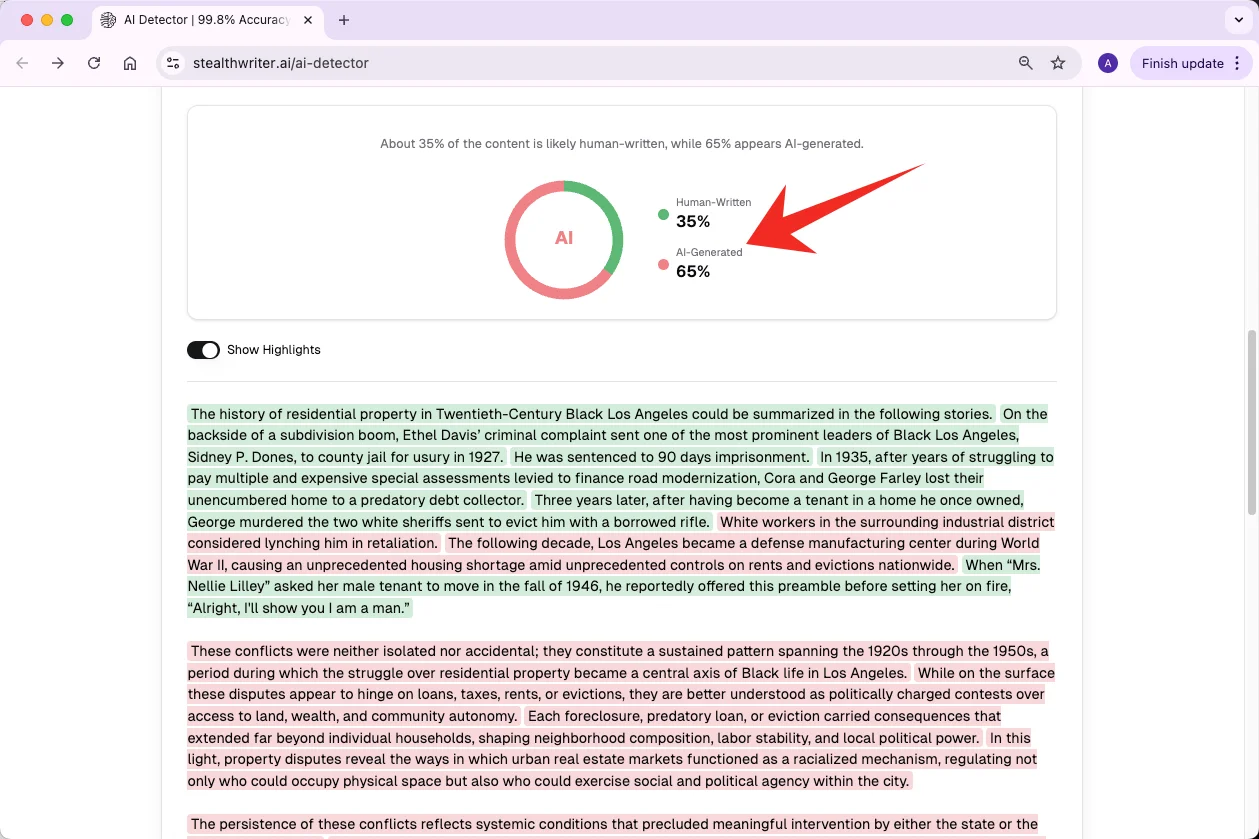 Stealthwriter AI detector checks mixed AI and human writing results 