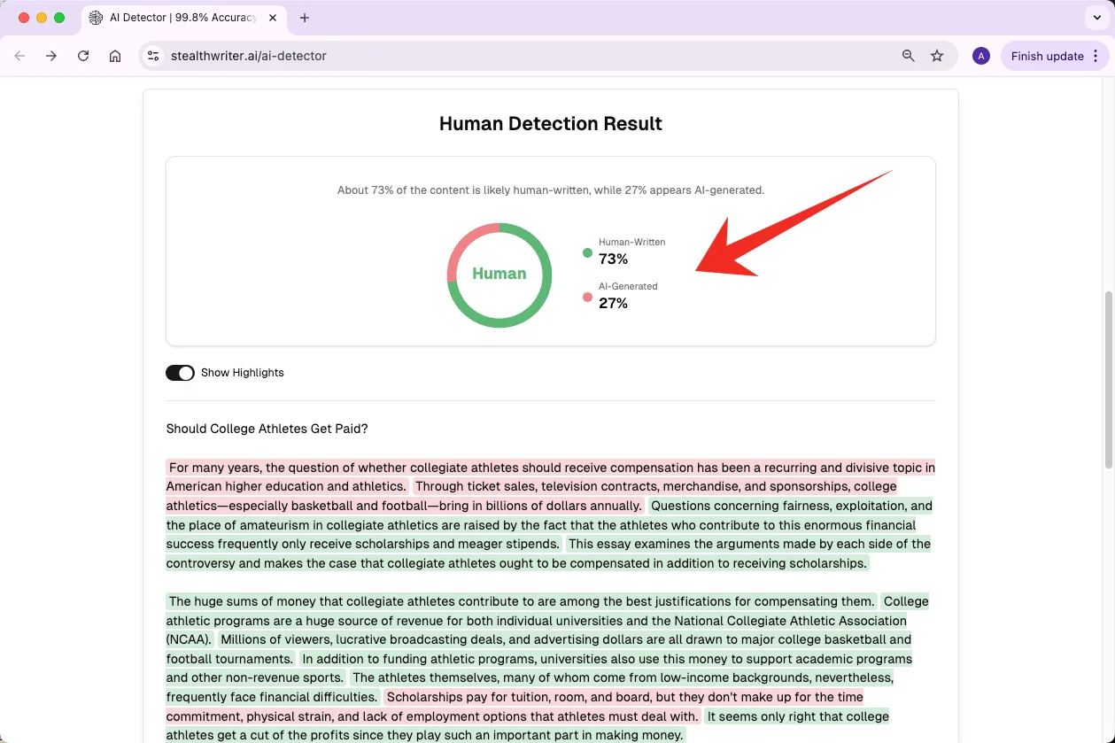Stealthwriter AI detector checks pure AI text results