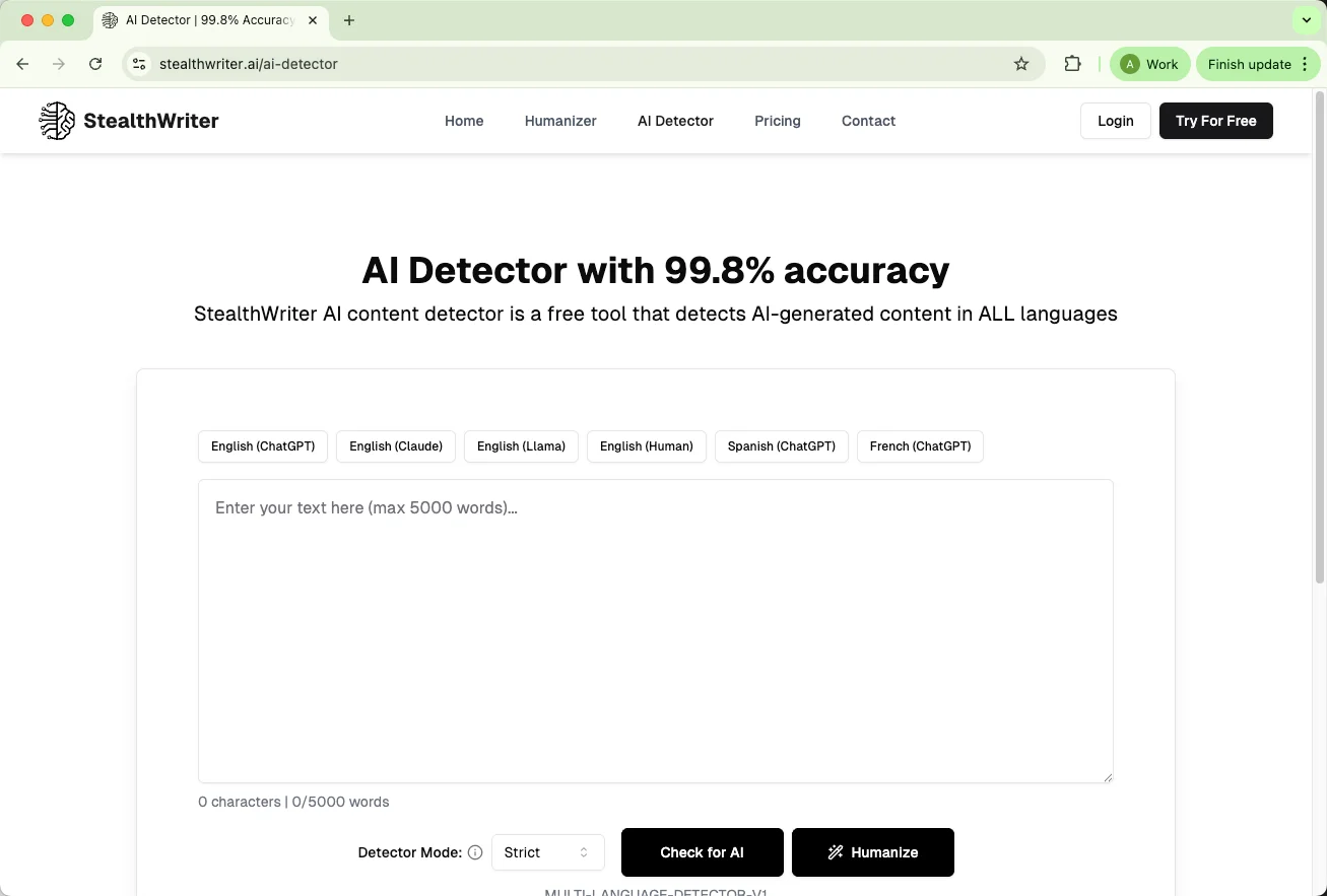 StealthWriter AI detector homepage
