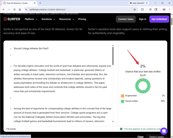 Surfer SEO AI detector checks EssayDone humanized text 2% AI