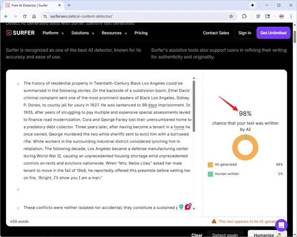 Surfer SEO AI detector checks mixed AI and human writing