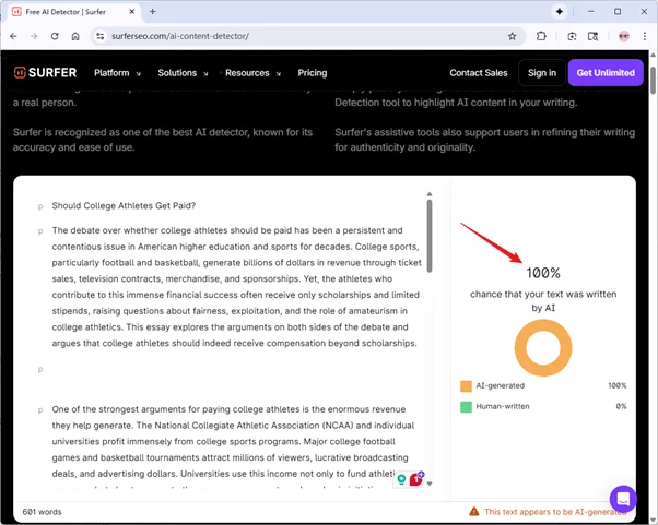 Surfer SEO AI detector checks pure AI text results