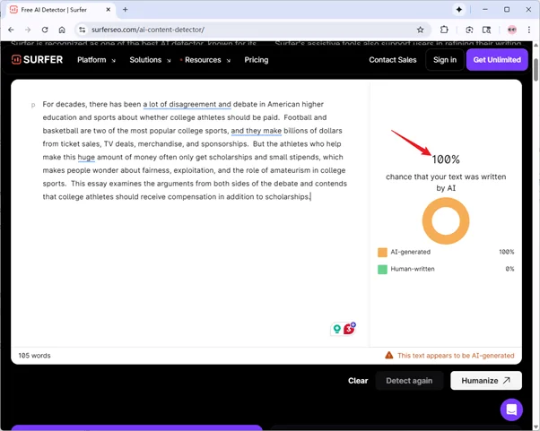 Surfer SEO AI detector checks QuillBot humanized text