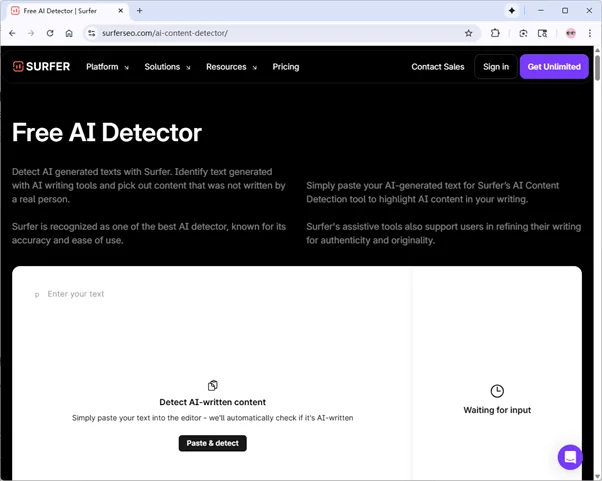 Surfer SEO AI detector homepage