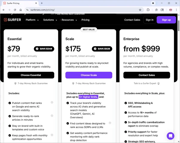 Surfer SEO pricing