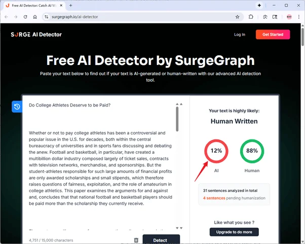 SurgeGraph AI detector checks EssayDone humanized text 12% AI