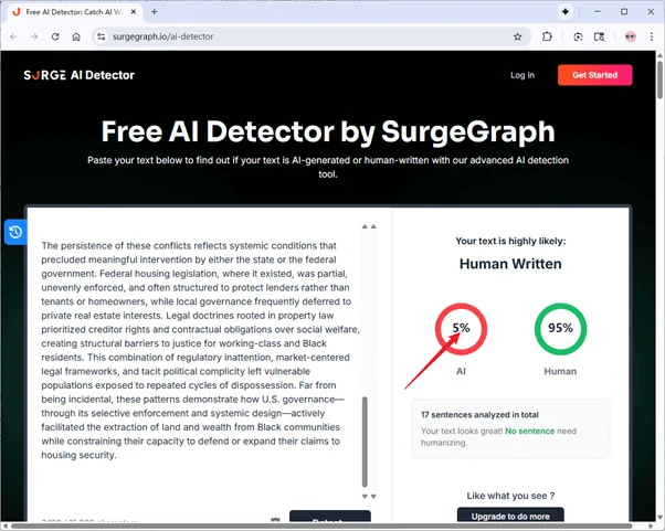 SurgeGraph AI detector checks mixed AI and human writing