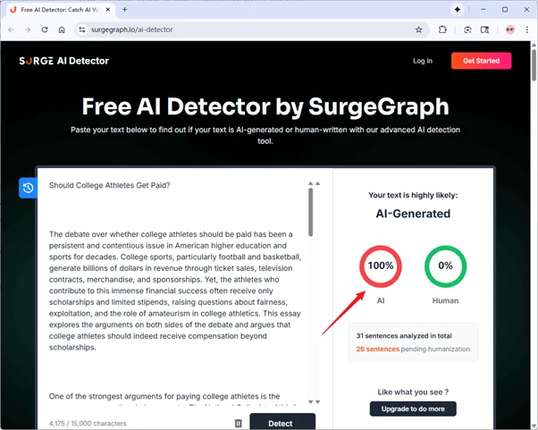  SurgeGraph AI detector checks pure AI text results