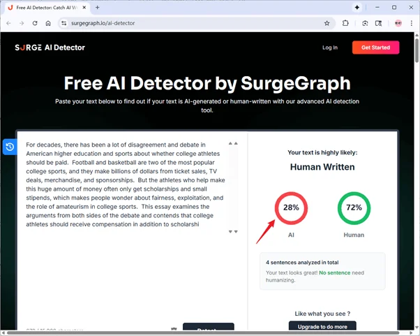 SurgeGraph AI detector checks QuillBot humanized text