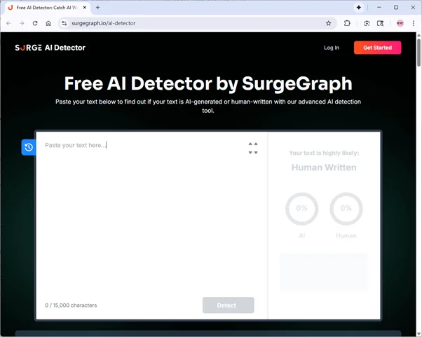 SurgeGraph AI detector homepage