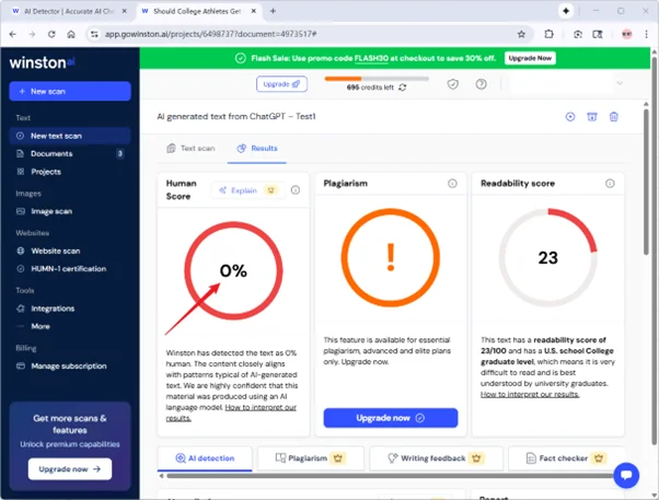 Winston AI detector checks pure AI text results