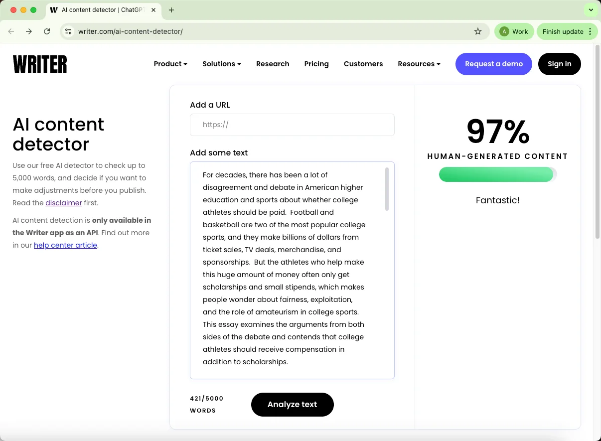 Writer check EssayDone humanized text 0 percent AI