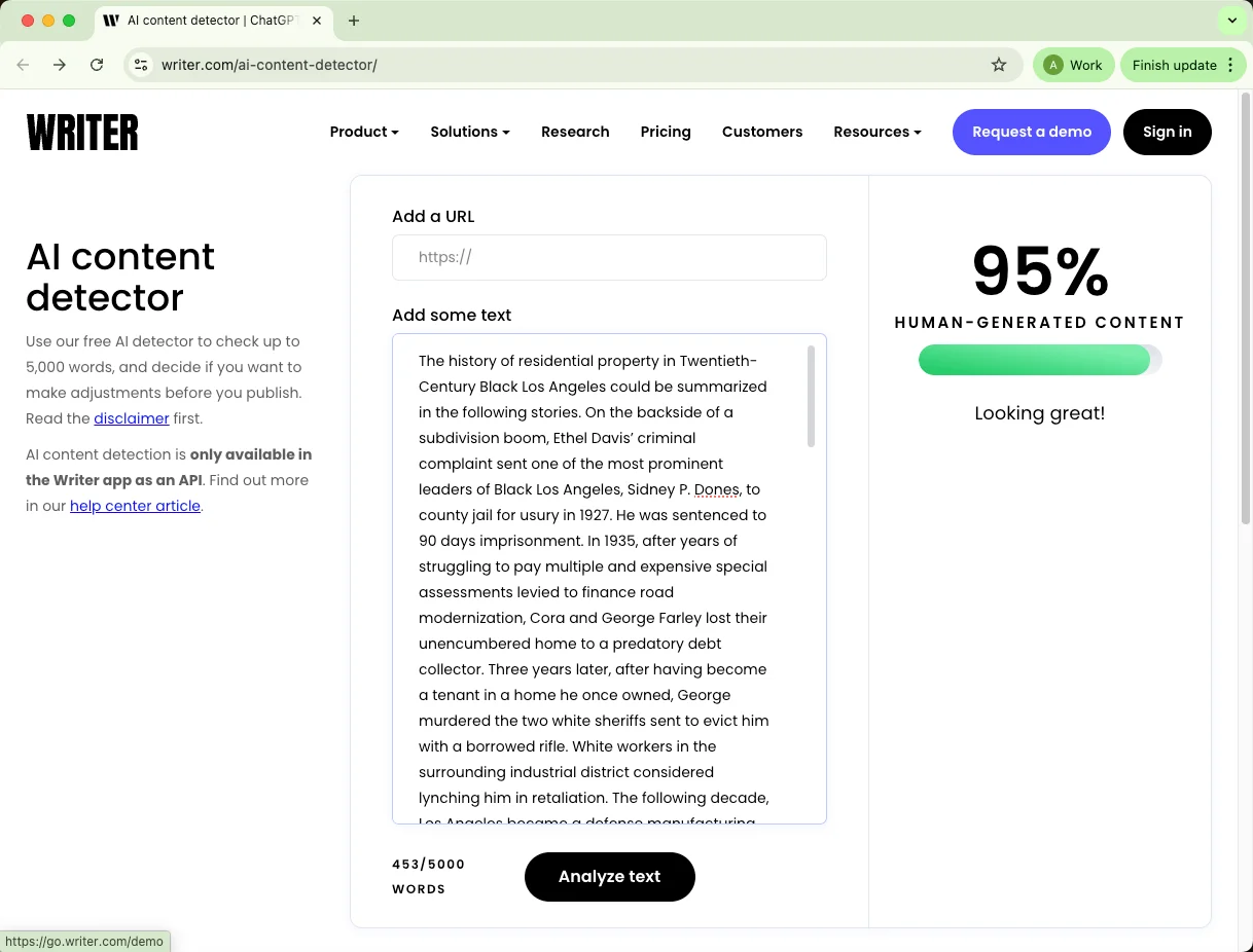 Writer AI Detector checks mixed AI and human writing results