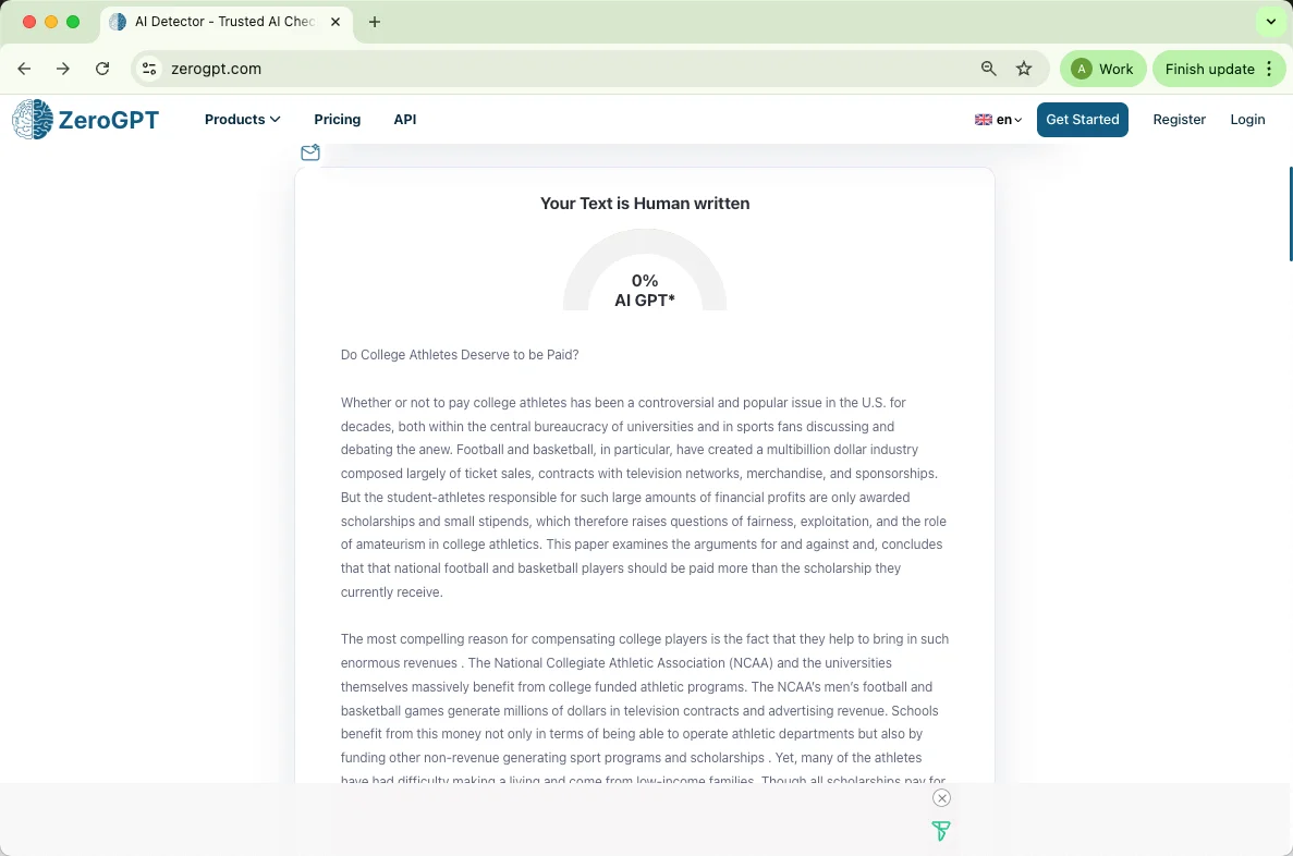 ZeroGPT check EssayDone humanized text 0 percent AI