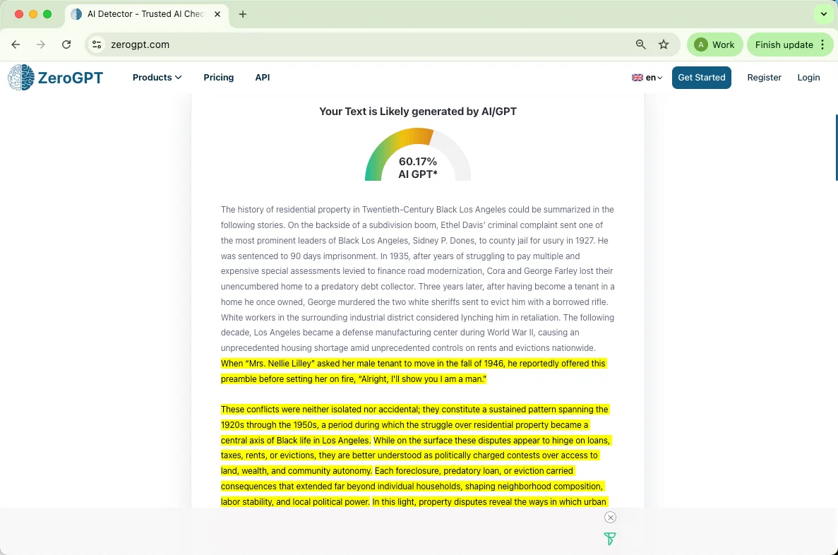 ZeroGPT checks mixed AI and human writing results