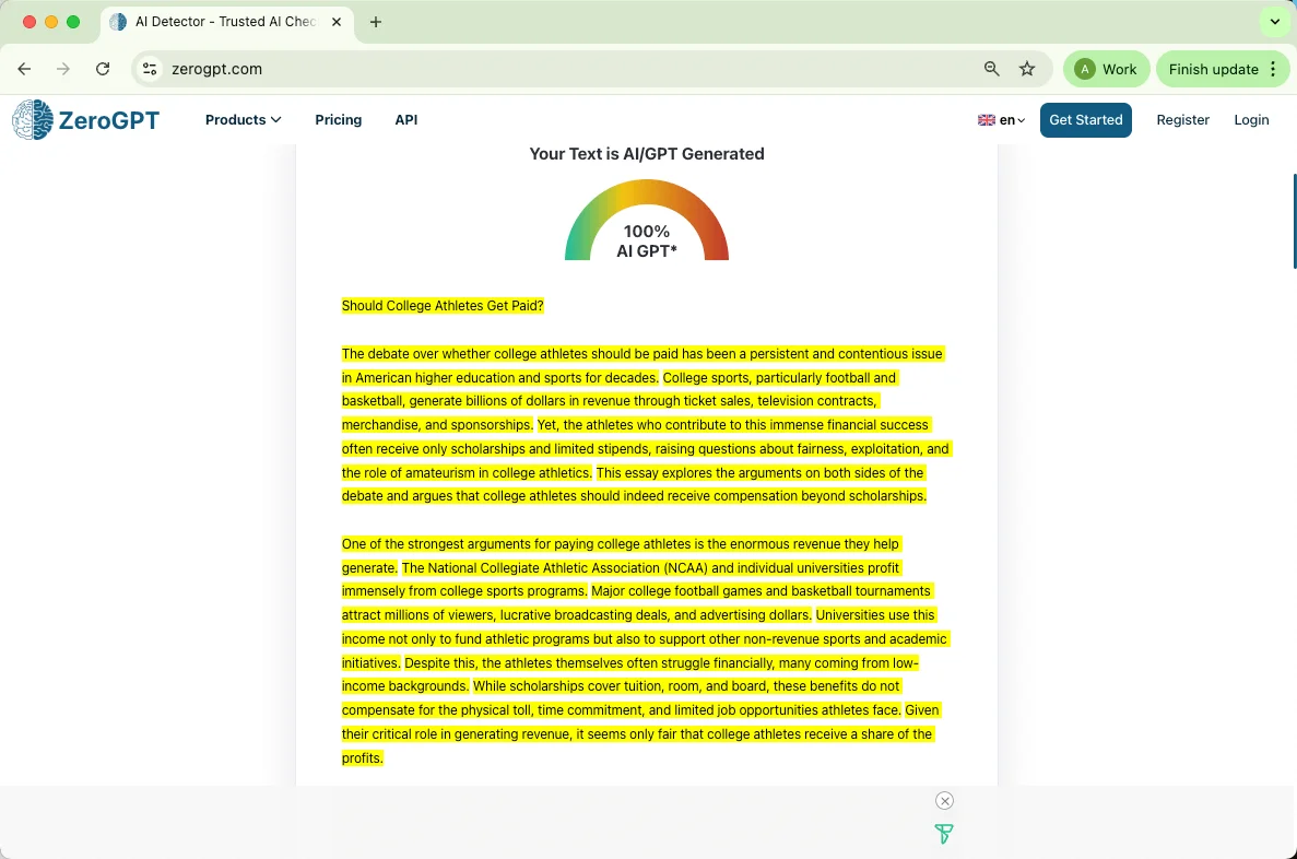 ZeroGPT checks pure AI text results