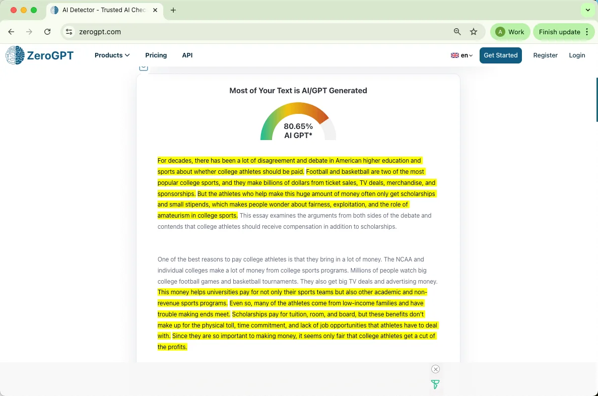 ZeroGPT checks QuillBot humanized text results