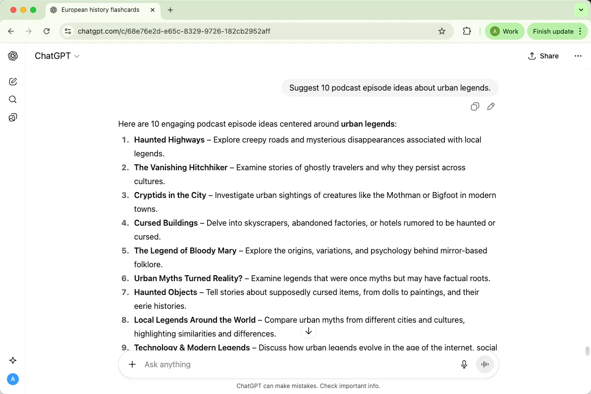 ChatGPT suggests 10 podcast episode ideas about urban legends