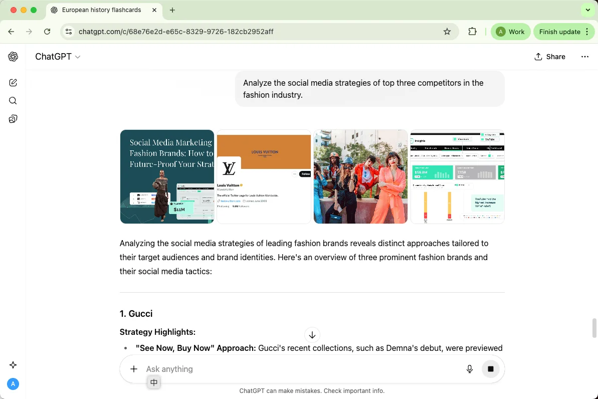 ChatGPT analyzes the social media strategies of top three competitors in the fashion industry