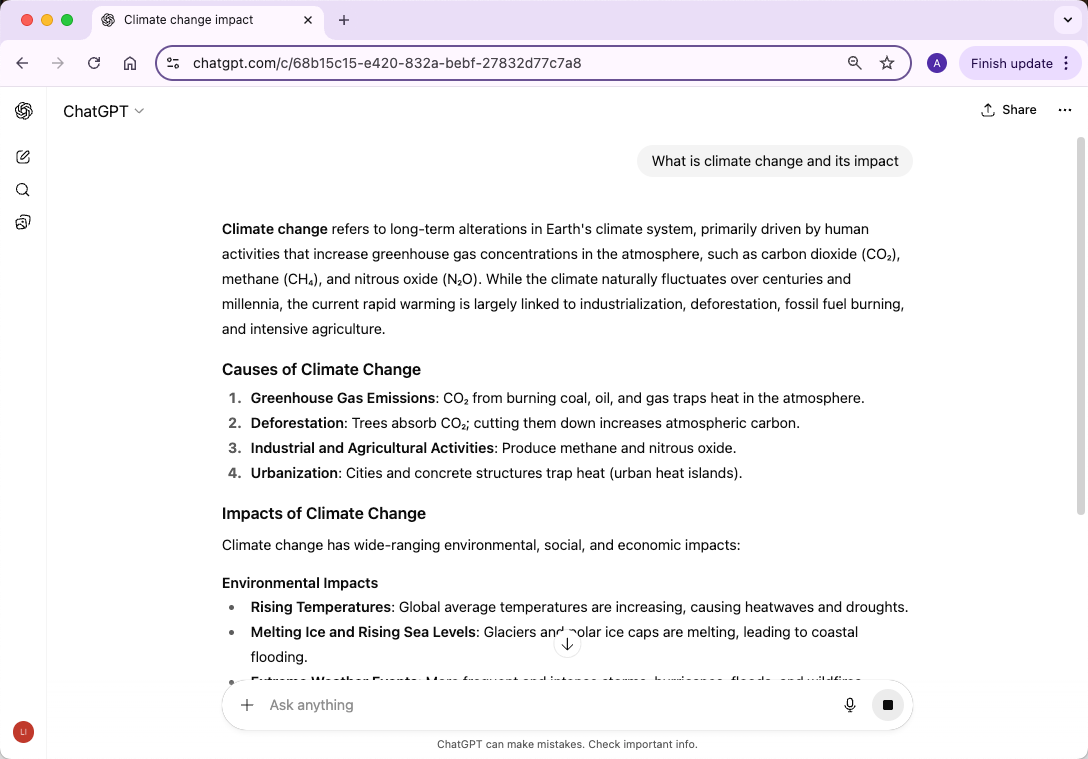 ChatGPT answer what is climate change and its impact