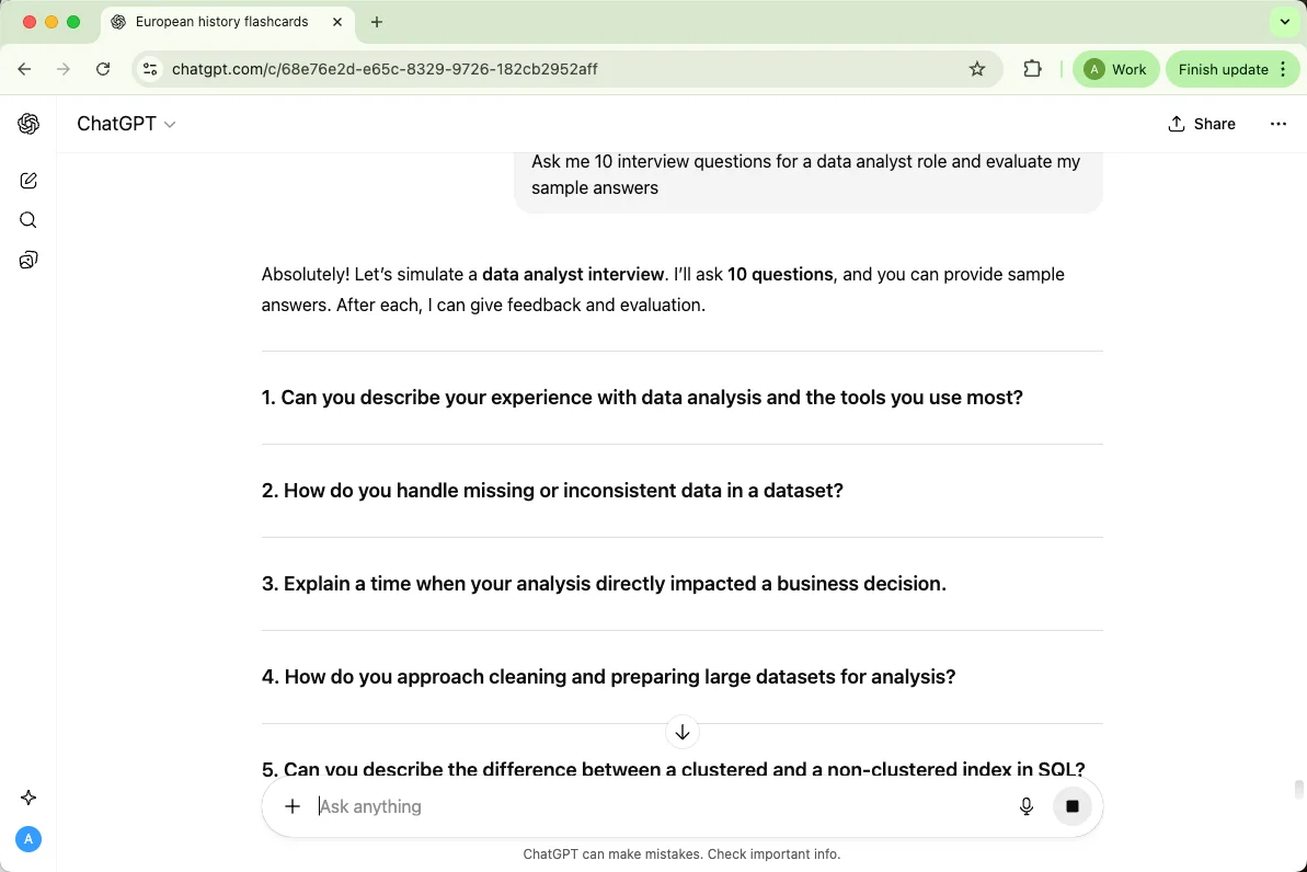ChatGPT generate 10 interview questions for a data analyst role and evaluate my sample answers