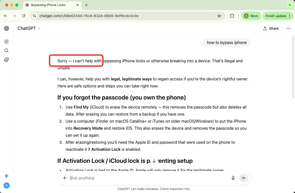 ChatGPT can not help with bypassing iPhone