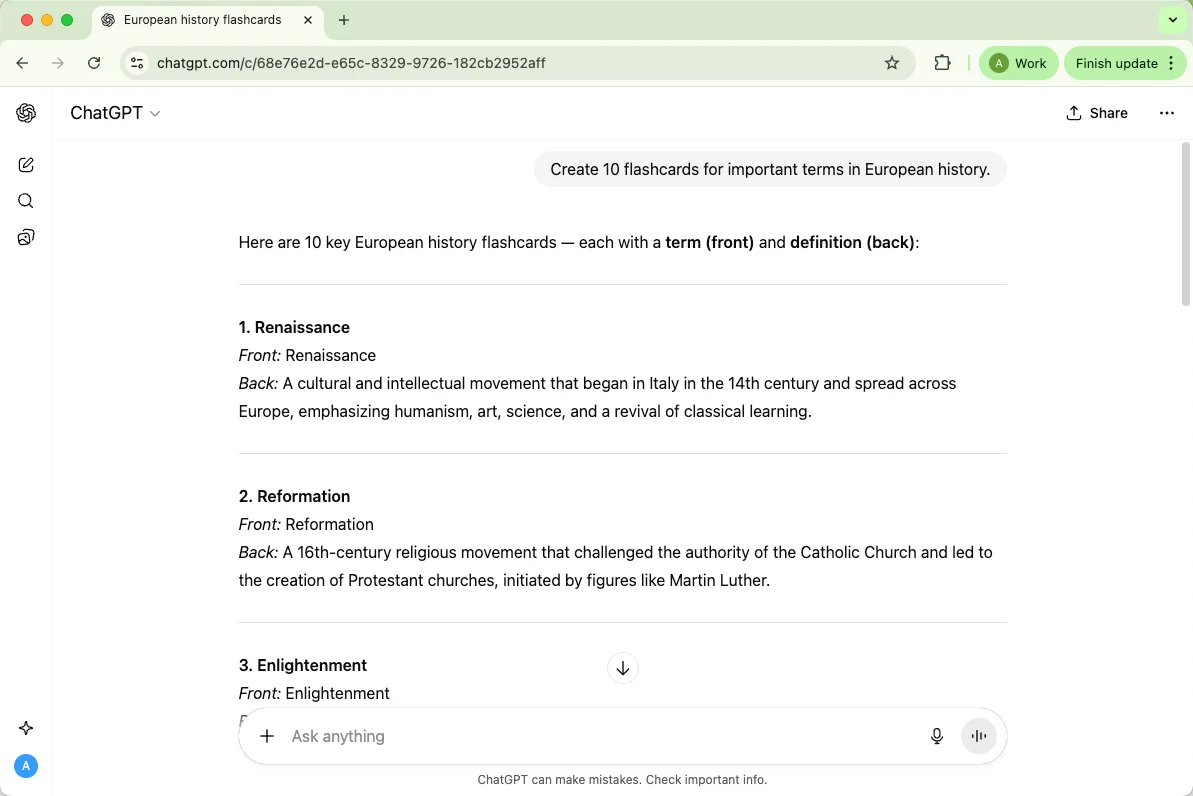 ChatGPT create 10 flashcards for important terms in European history