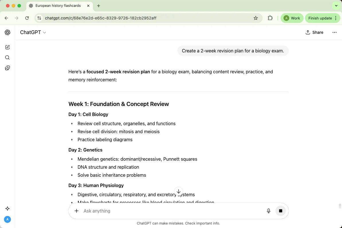 ChatGPT creates a 2-week revision plan for a biology exam