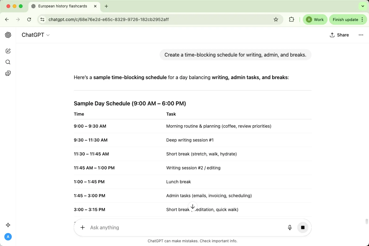 ChatGPT creates a time-blocking schedule for writing, admin, and breaks