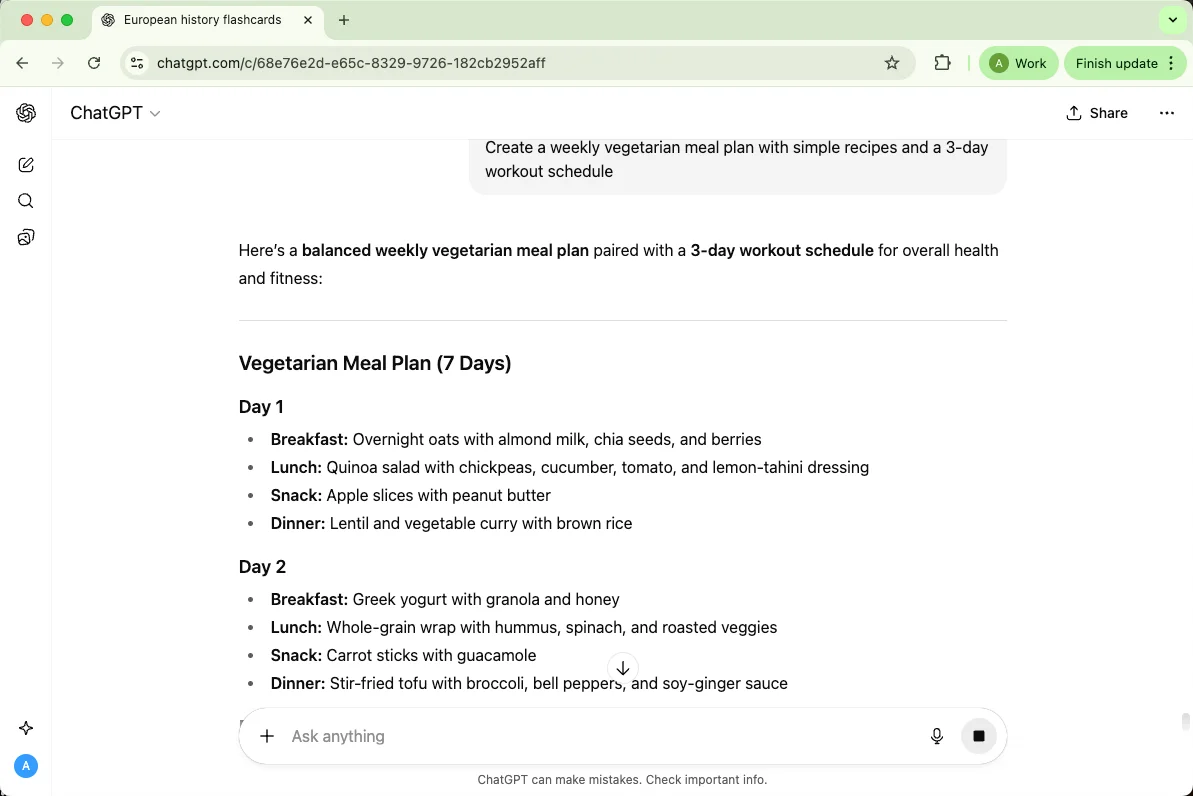 ChatGPT creates a weekly vegetarian meal plan with simple recipes and a 3-day workout schedule